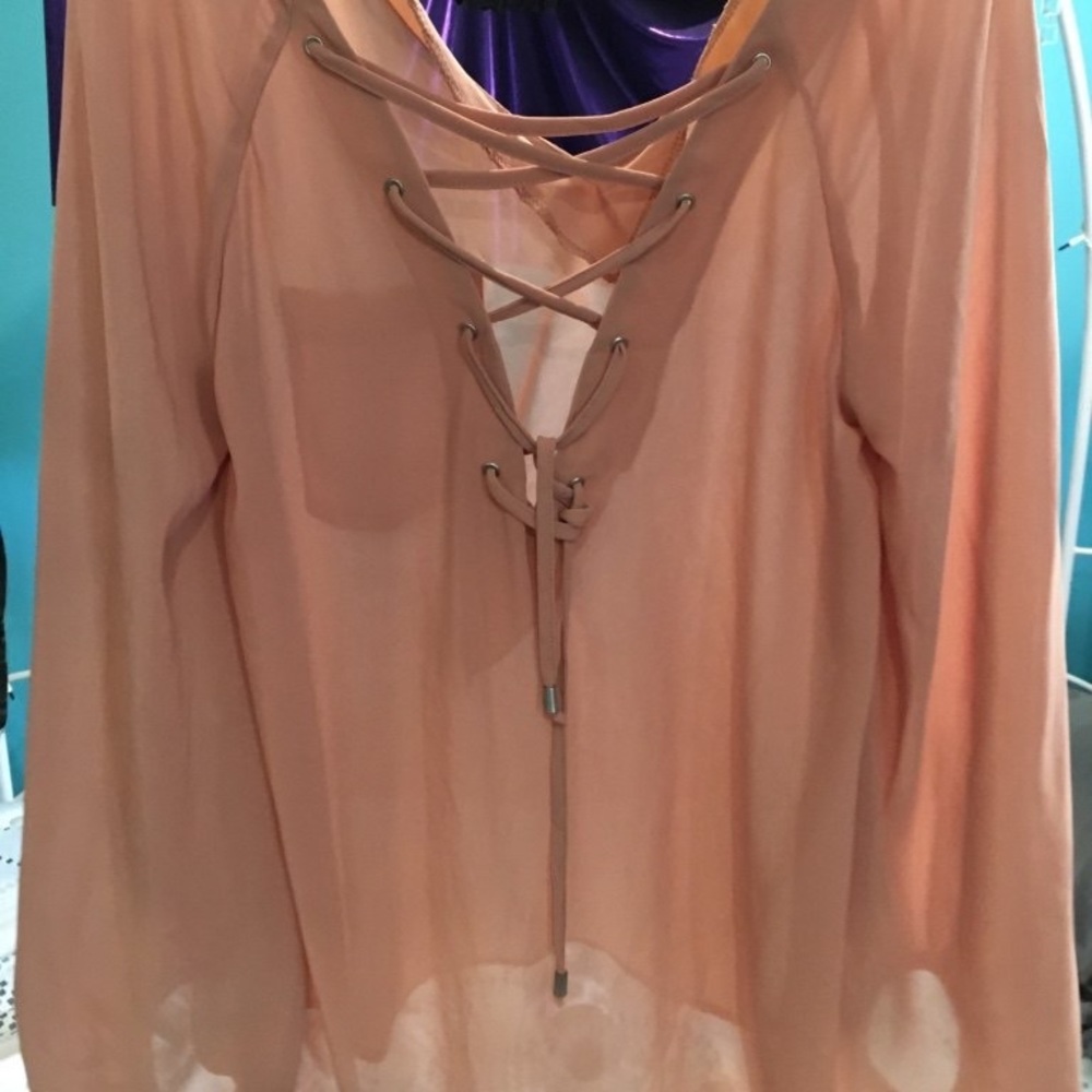 Light pink lace up back oversized blouse
